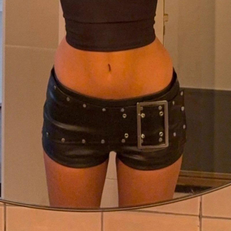 Ins European and American Cross-Border Street Fashion Biker Style Buckle-Decorated Low-Waist Hot Girl Leather Shorts 2025 New Model
