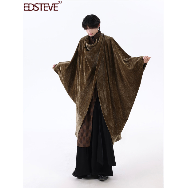 Edsteve | Chenille Cape with a Draped Collar, Chinese-Style Long Coat with a Unique Design and Atmospheric Feel, Autumn and Winter Oversized Coat.