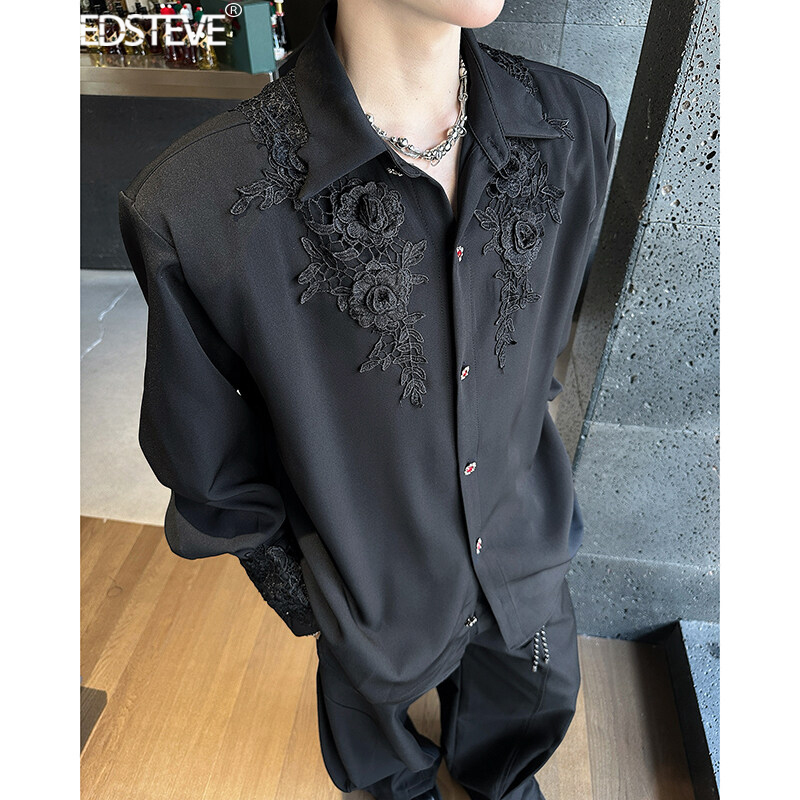Edsteve | Rose Flower Shirt Men's Long-Sleeved Dark American Style Niche Design Cool and Handsome Gemstone Button Top