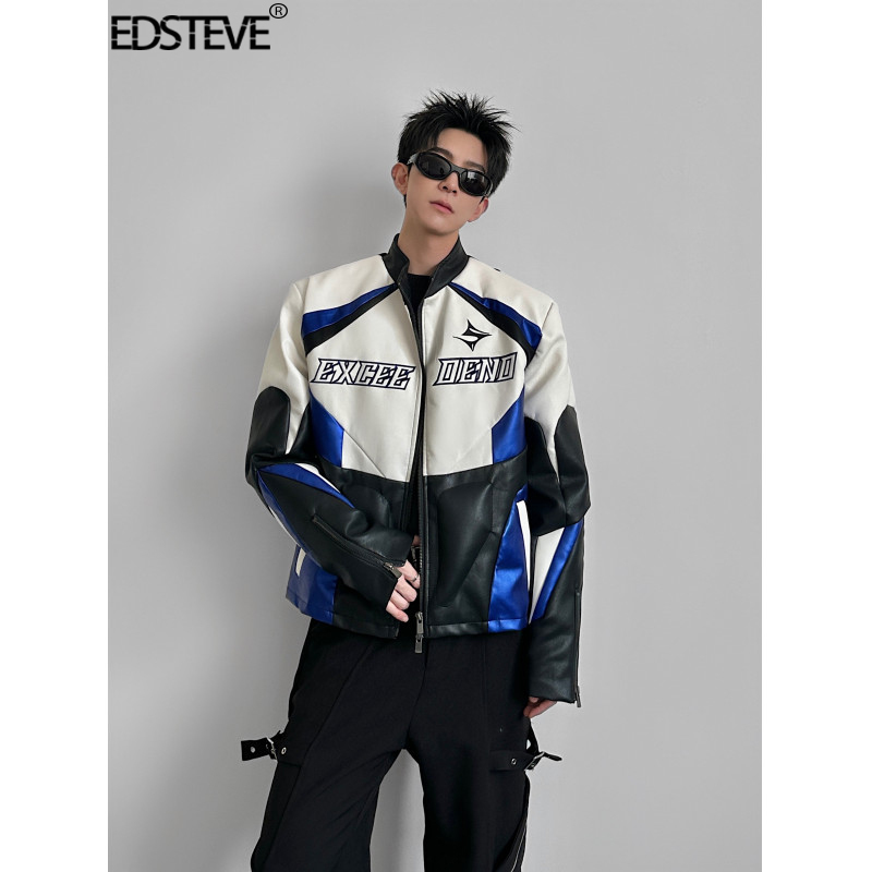 Edsteve | American Casual Design Biker Jacket with Deconstructed Patchwork, Heavy Craftsmanship, High-End Feel, Cool and Edgy Jacket, Niche Style.