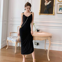 European station tight-fitting hip dress long summer black slim backless sleeveless sling skirt