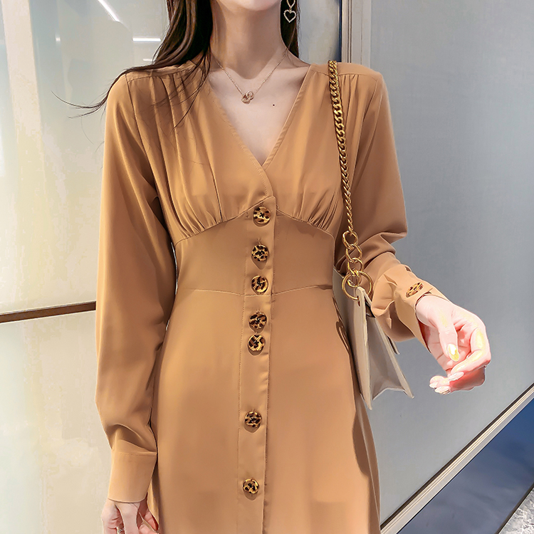 VK旗艦店 韓系時尚V領氣質單排釦長版收腰長袖洋裝