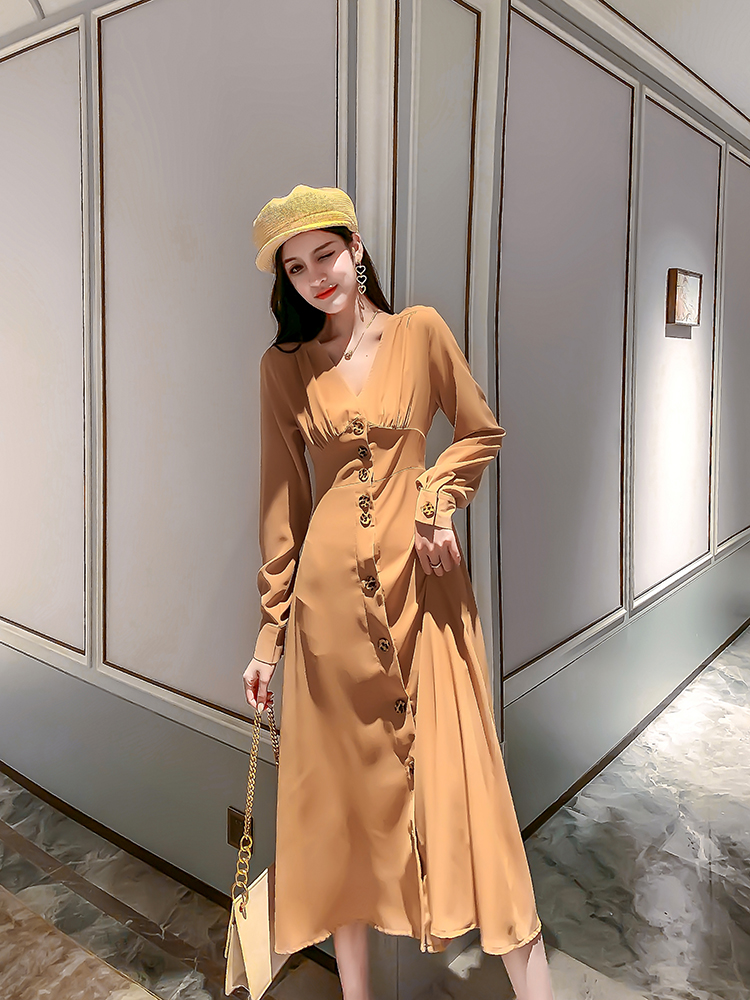 VK旗艦店 韓系時尚V領氣質單排釦長版收腰長袖洋裝