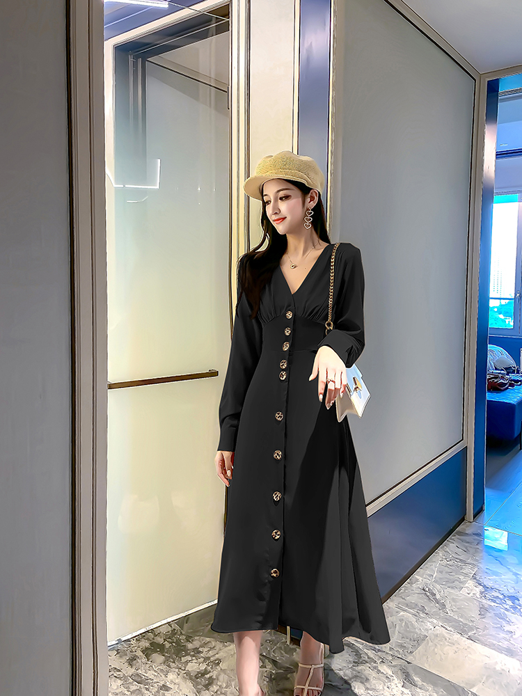 VK旗艦店 韓系時尚V領氣質單排釦長版收腰長袖洋裝