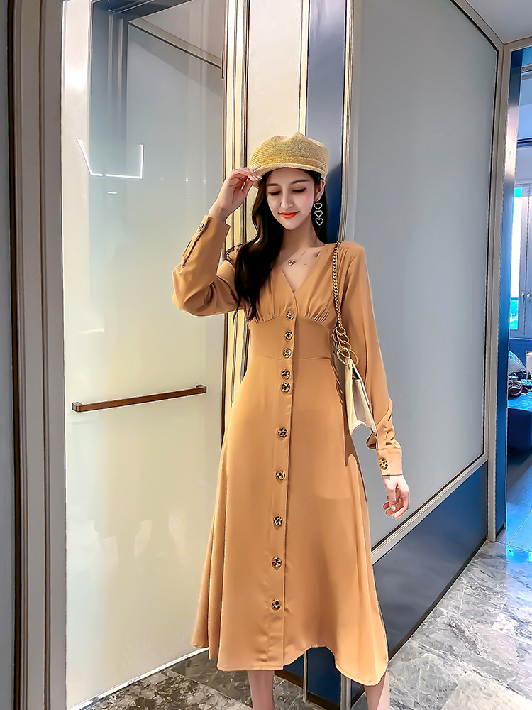 VK旗艦店 韓系時尚V領氣質單排釦長版收腰長袖洋裝