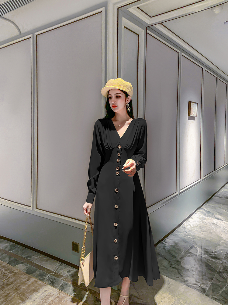 VK旗艦店 韓系時尚V領氣質單排釦長版收腰長袖洋裝