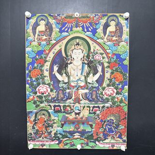 Kraft paper thangka four-armed guanyin size 68cm 90cm unframed
