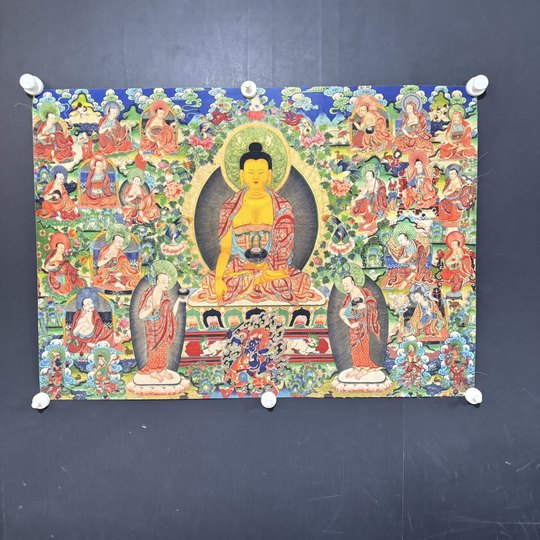 Tibetan Thangka Sakyamuni Buddha Statue Decoration Painting Tea House Zen Study Living Room Buddhist Hall Hanging Painting Three Generations Buddha Middle Hall