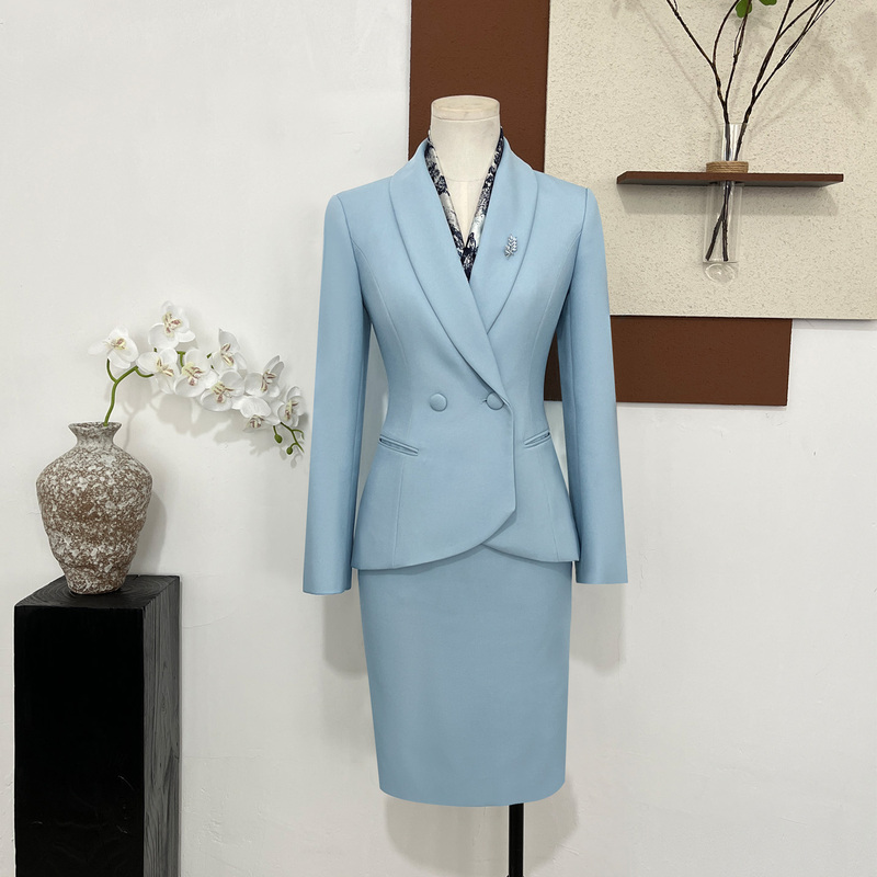 Sales Office Front Desk Work Uniform for Women, Light Ice Blue Suit Dress, Spring and Autumn Elegant Professional Attire, Formal Suit Set