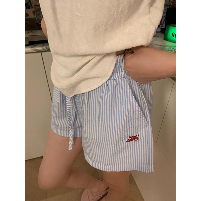Jmj 2025 Vertical Stripesd Drawstring Letter Embroidered Wide-Leg Shorts for Men and Women Loose Summer Hot Pants Casual Three-Quarter Pants