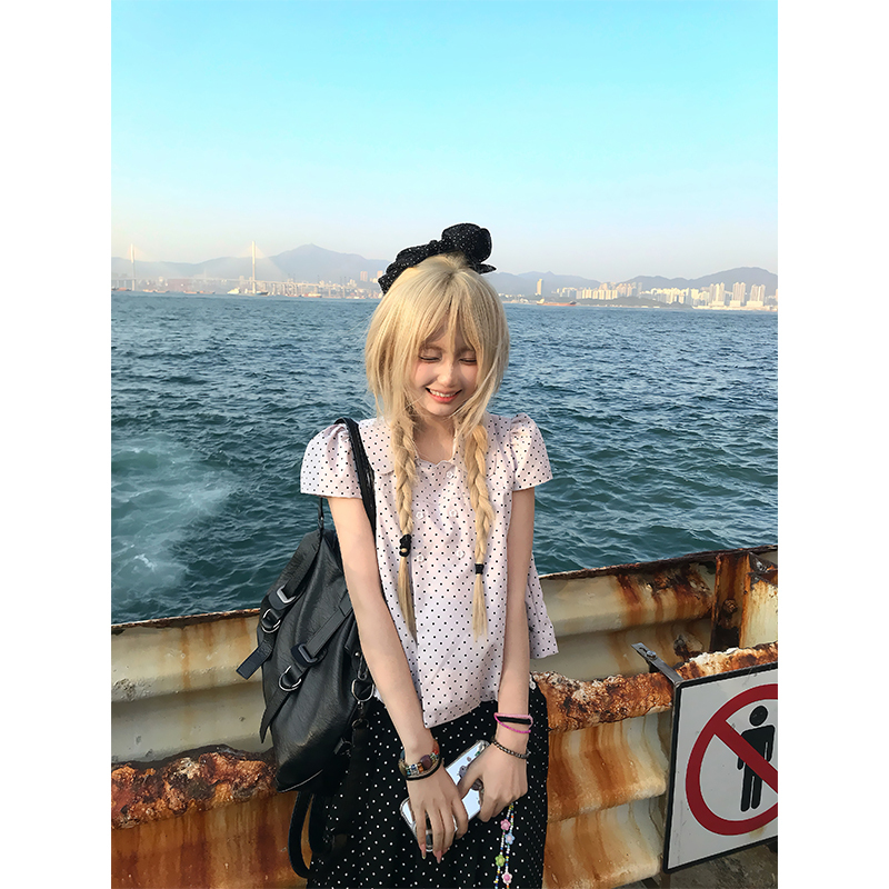 Jmj American-Style Polka Dot Lapel Puff Sleeve Shirt for Women, Summer Youthful Sweet Versatile Short-Sleeve Shirt