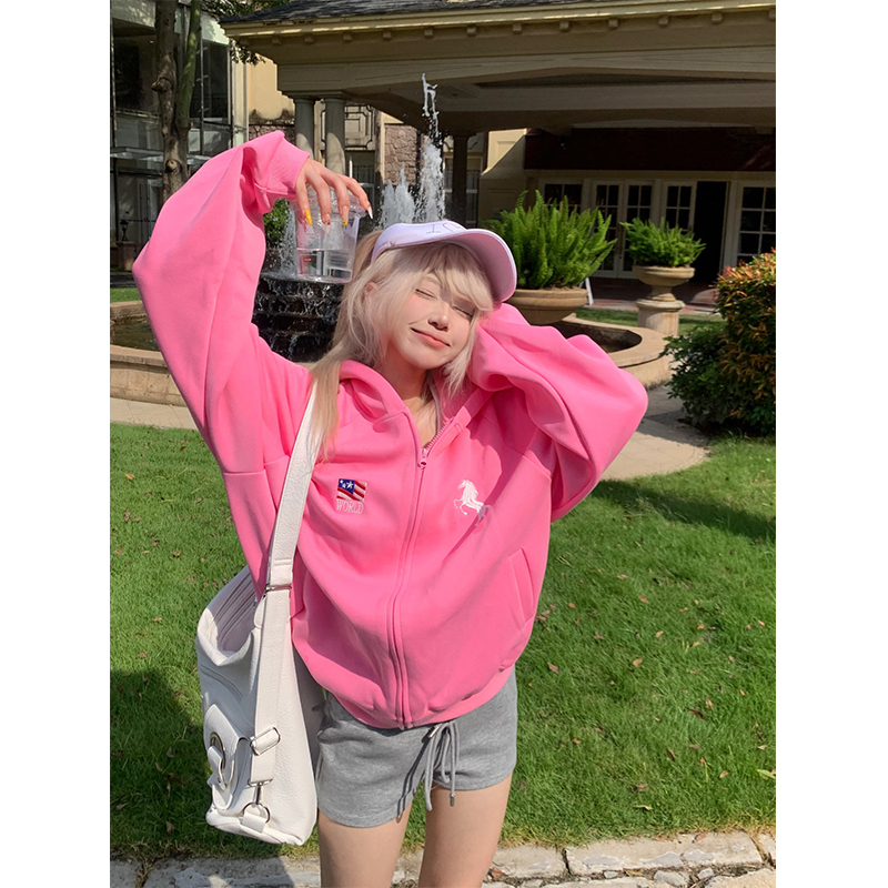 Jmj American-Style Vintage Digital Print Embroidered Hooded Pink Cardigan Sweatshirt Unisex Casual Versatile Trendy Jacket