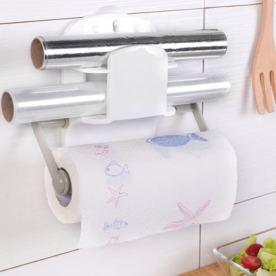 Kitchen rack retractable refrigerator hanger free punch no trace sticker multi-layer aluminum foil paper towel cling film storage rack