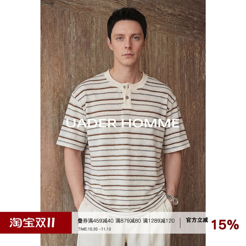 Uader【Breathable Cotton and Linen】Old Money Style Striped Short Sleeve T-Shirt Men's Casual Cleanfit Henley Collar Top