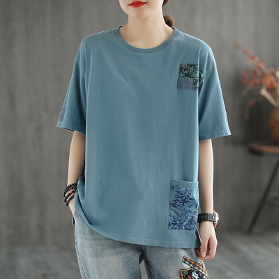 纯棉短袖t恤女2021新款夏季宽松短款打底体恤圆领复古百搭上衣t桖