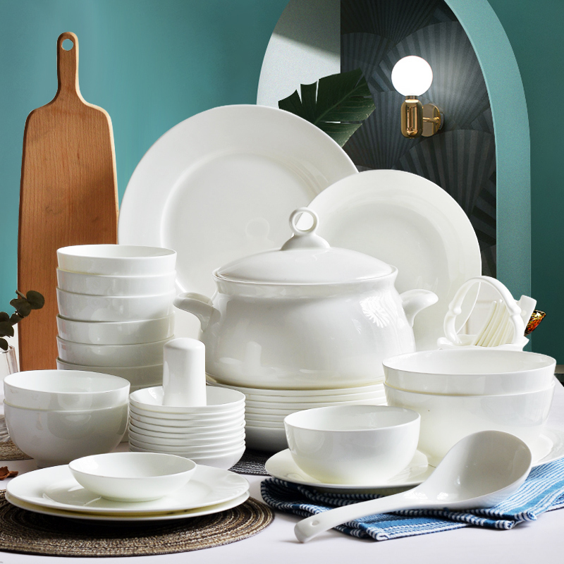 Tangshan Pure White 28-Piece Bowl and Plate Set for Home Use, Suitable for 2/4/6/8/10 People, White 56-Piece Bone China Bowl and Plate Dinnerware Set