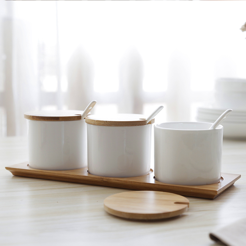 Kitchen ceramic flavor pot three suits for seasoning sauce seasoning box GuanPing bottles of salt sugar pot storage tank