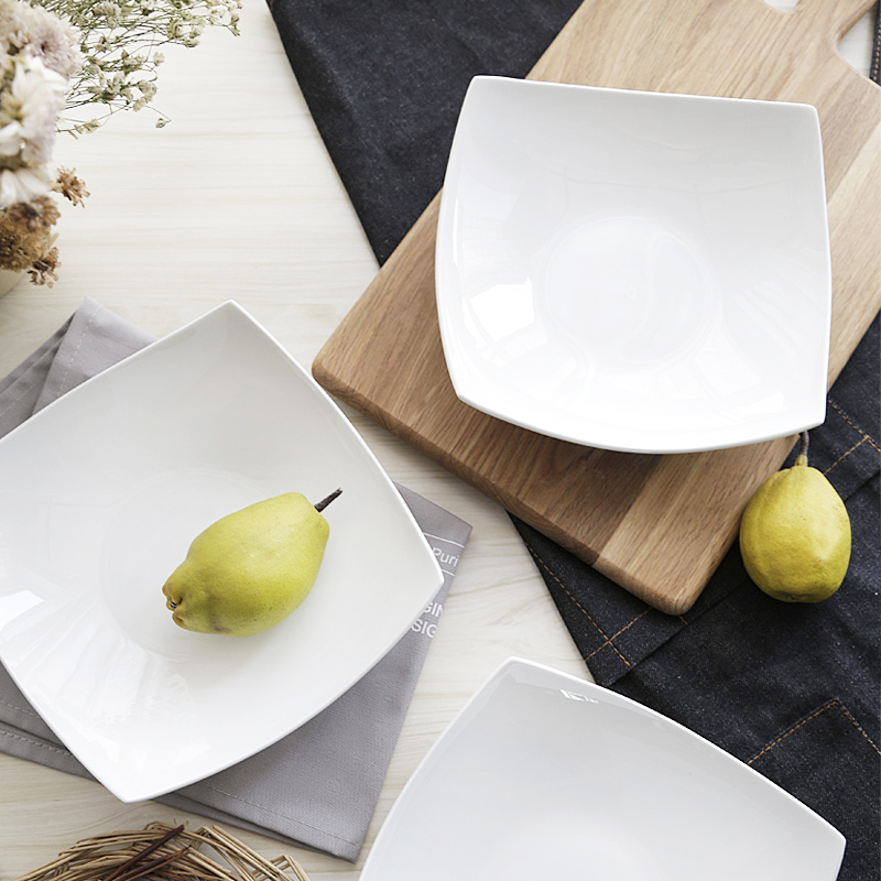 Creative square plate son pure white dish dish ceramic soup plate deep dish 8 inch ipads China household square plate cold dishes