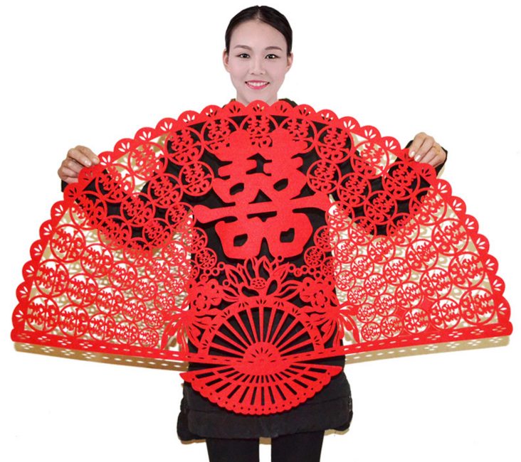Wedding wedding hollow non-woven bedside happy word pull flower paper-cut Chinese red festive wedding wedding room decoration