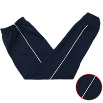 Customized school uniforms Spring and summer cotton Tibetan dark blue white thin bars foot closure sports school pants for men and women