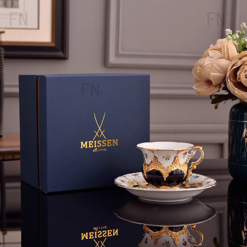 German Meissen Porcelain Light Luxury Bone China Coffee Cup and Saucer, Gold Hand-Painted Afternoon Tea Black Tea Cup