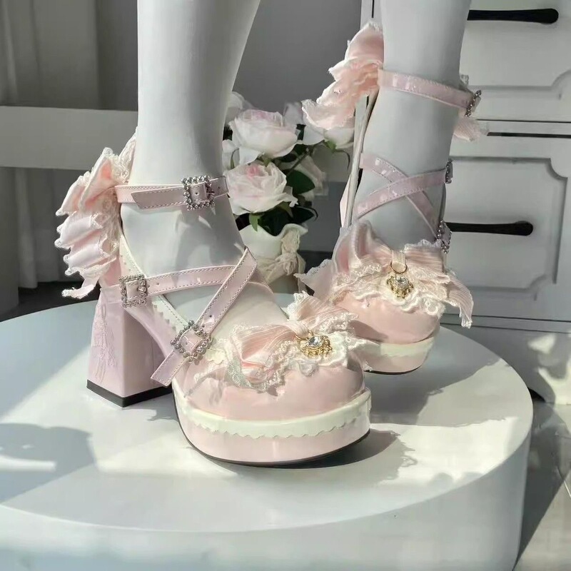 Fantasy Princess Pink Crystal Pendant Lolita Sweet Bow Lace Cute Girl Lo Thick-Soled High Heels