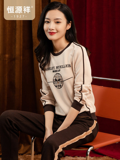 恒源祥杏色重磅卫衣女小个子秋季小众印花撞色圆领套头长袖T恤衫