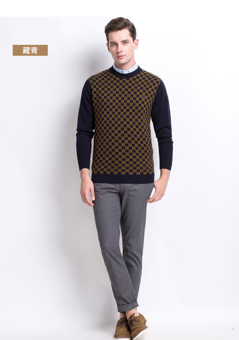 ZK Hengyuanxiang áo len nam cổ tròn len tinh khiết áo len mới lưới jacquard nam mùa xuân và áo len mùa thu - Hàng dệt kim thời trang nam mùa đông
