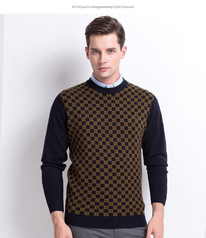 ZK Hengyuanxiang áo len nam cổ tròn len tinh khiết áo len mới lưới jacquard nam mùa xuân và áo len mùa thu - Hàng dệt kim thời trang nam mùa đông
