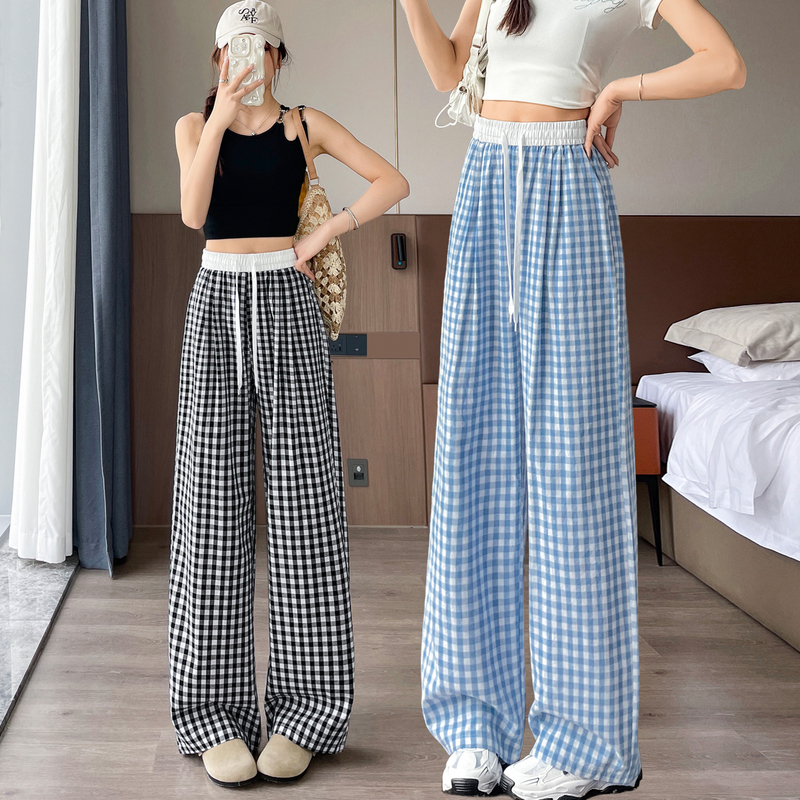 Pure Cotton Ice Silk Plaid Wide-Leg Pants for Women, Loose Summer Thin Casual Pants, High-Waisted Drapey Sun-Protective Cropped Straight-Leg Pants
