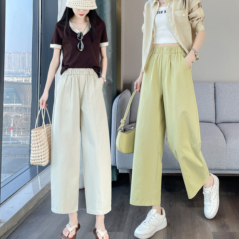 Pure Cotton Wide-Leg Pants for Women, Loose Summer Thin Cropped Casual Pants, High-Waisted Petite Straight-Leg Pants