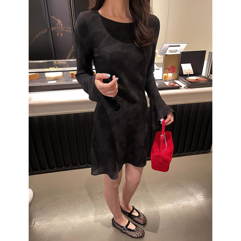 Spring and Summer New Ballet Dress Crepe De Chine Silk Dark Pattern Waist-Cinching Flared Round Neck Mid-Length Dress for Women