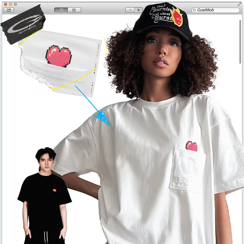 Gtb/Ghettobro Romandick Spoof Heart Pocket Short-Sleeve 260g Heavyweight Pure Cotton Couple Outfit