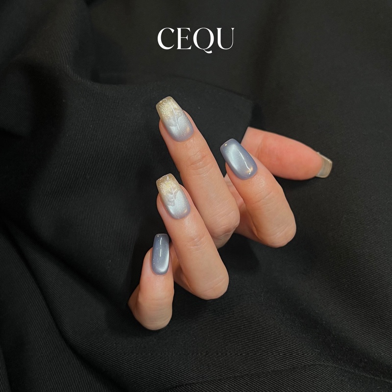 Cequ【Shallow Bay】Clouds and Mist Blend into Golden-Blue Gradient, Fresh Glass Beads Cat's Eye, Handmade Wearable Nails