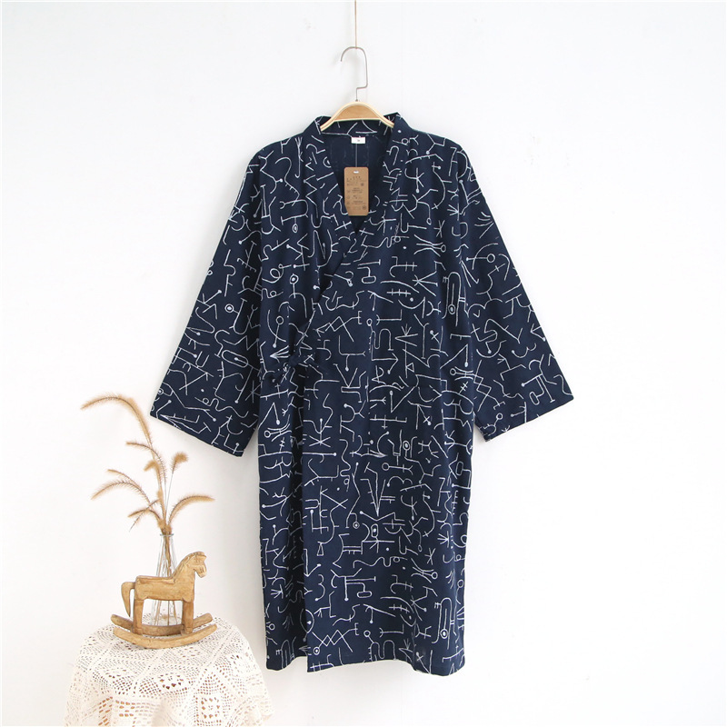 Bông vải áo ngủ nam mùa hè chín tay áo phần mỏng yukata cotton đồ ngủ một mảnh phù hợp với kimono dịch vụ nhà cardigan kích thước lớn áo choàng ngủ nam nữ