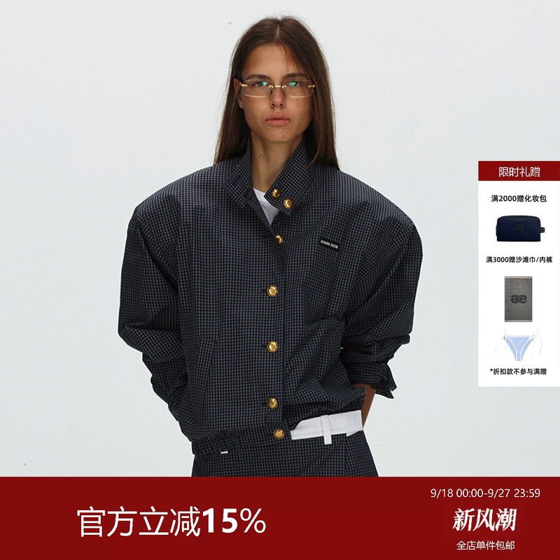 Echoade Retro Chic Loose-Fitting Drop-Shoulder Design with Stand-Up Collar and Structured Plaid Shoulder Jacket