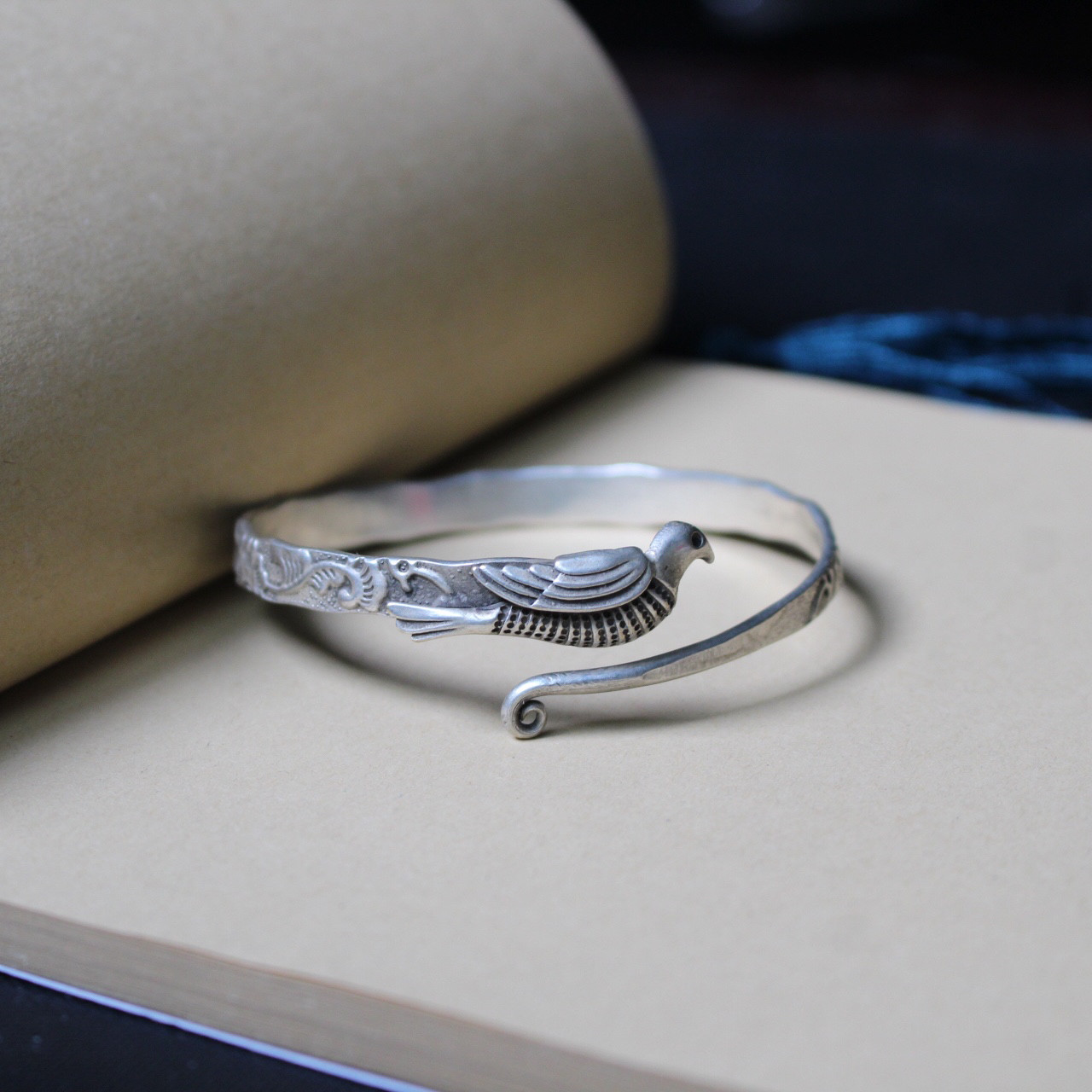 Story Flower Fragrance {Carved Old Style} Bracelet Bird and Plum Blossom Hand Jewelry Retro Old Style Female Miao Silver Bracelet