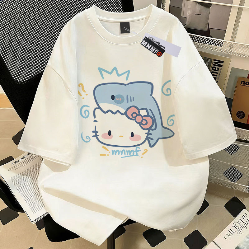 女童纯棉短袖T恤夏季2026新款中鲨鱼小猫大童洋气百搭半袖上衣服 — 18