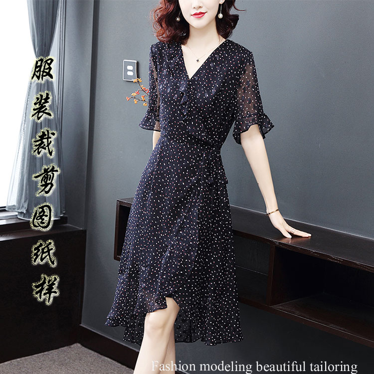 Summer new silk chiffon short-sleeved lotus leaf A-word large swing dress pattern women's clothing sample cutting drawing