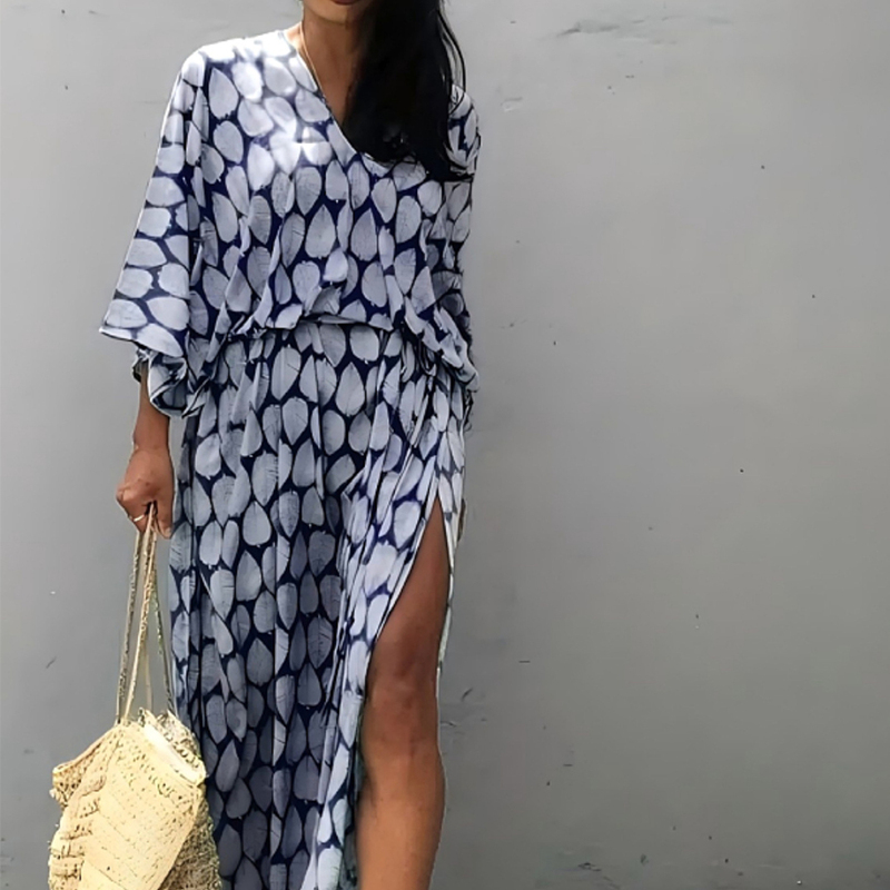 Cross-Border Leaf Print Beach Cover-Up Seaside Vacation Robe Bat Sleeve Dress Bikini Outer Wear