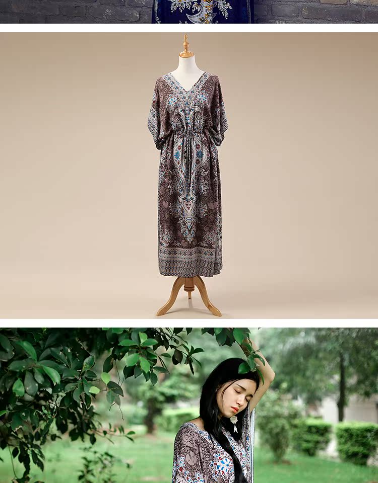 Áo dài dân tộc in hoa cotton và vải lanh nghệ thuật váy dài V-cổ boho retro kỳ nghỉ Thái Lan đầm 2 dây suông dài