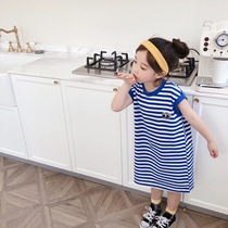 Childrens summer dress girl T-shirt dress long striped navy dress baby childrens skirt summer style