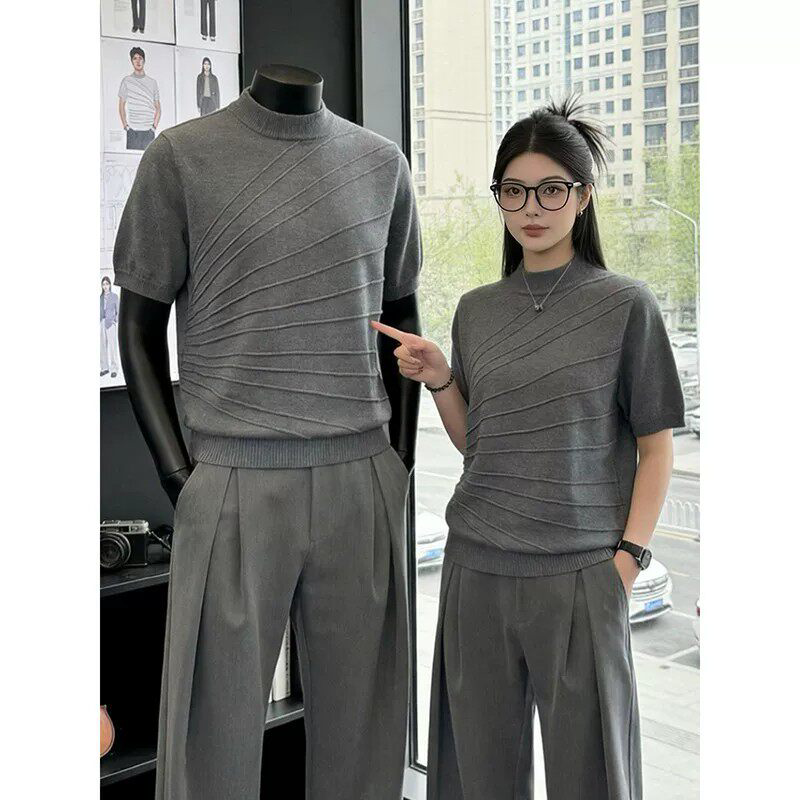 American-Style Twill Half-High Collar Knitted Short-Sleeve Men's Summer Old Money Style Slim-Fit Regular Shoulder T-Shirt with a High-End Feel Half-Sleeve