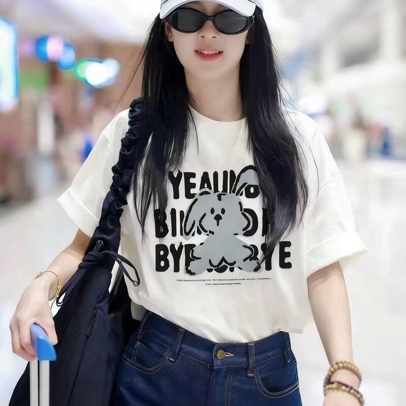 Japanese Gp Zhao Zhaoyi Same Style White Cartoon Short-Sleeved T-Shirt for Women, New Loose-Fitting Couple Half-Sleeve Top for Spring and Summer