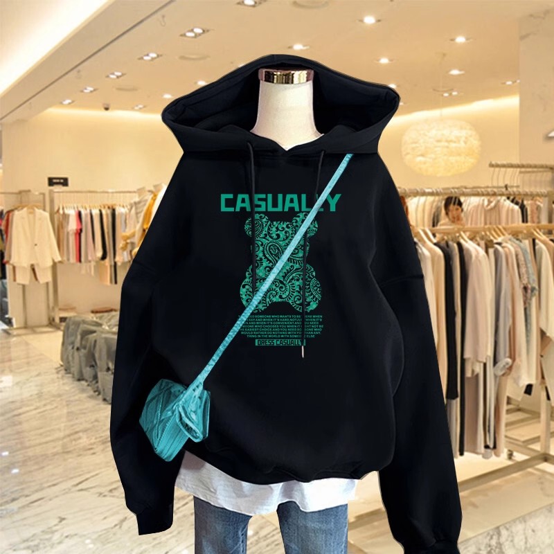 Japanese Style Gp Black Bear Print Hooded Sweatshirt for Women, Thin New Style, Loose Korean Version, Fleece-Lined and Thickened Top Jacket