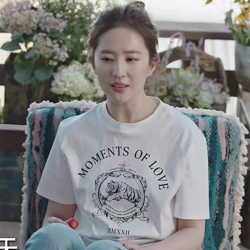 Japanese Gp Liu Yifei Celebrity Style New Top from the Series Go to the Windy Place, White Loose Short-Sleeved T-Shirt for Women, Summer