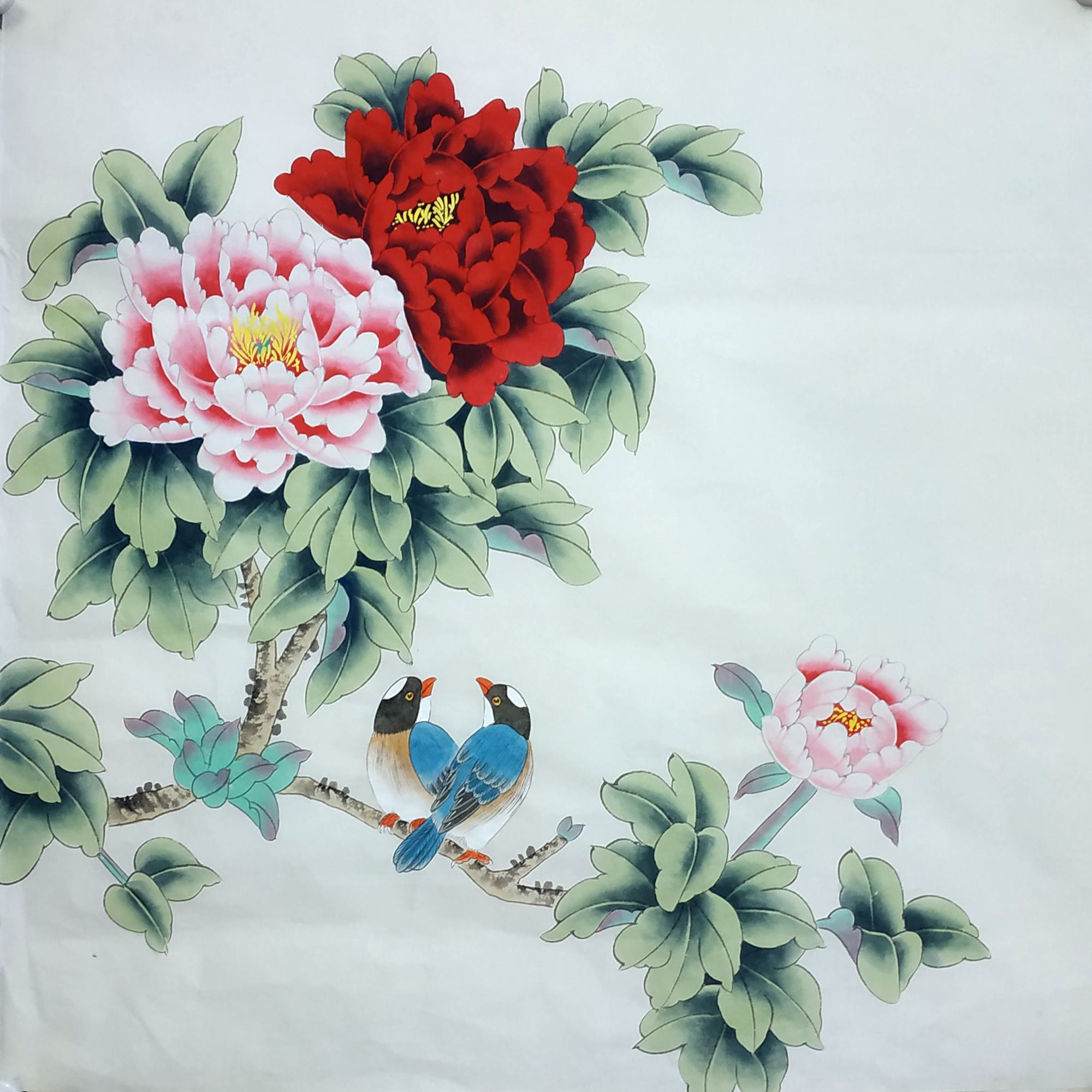 中国古美術★純手描き花鳥四条屏・牡丹画芯★国画・王雪涛印款・肉筆・宣紙・带水印 中国古美術☆純手描き花鳥四条屏・牡丹画芯☆国画・王雪涛印