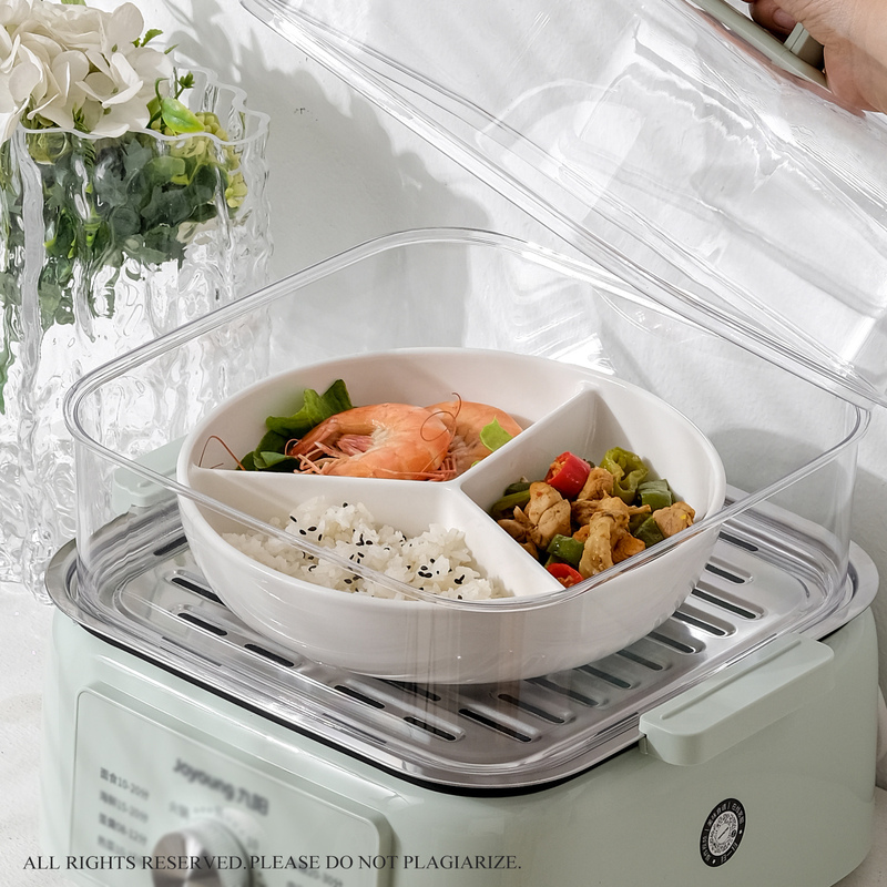 White Three-Compartment Steaming Plate Ceramic Rice Cooker Can Steam Oven Round Plate Children's Home Kitchen Breakfast Three-Compartment Plate