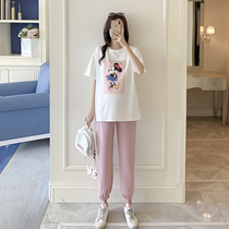 Pregnant women net red suit Summer out fashion age reduction short-sleeved t-shirt summer foreign style maternity dress two-piece summer dress