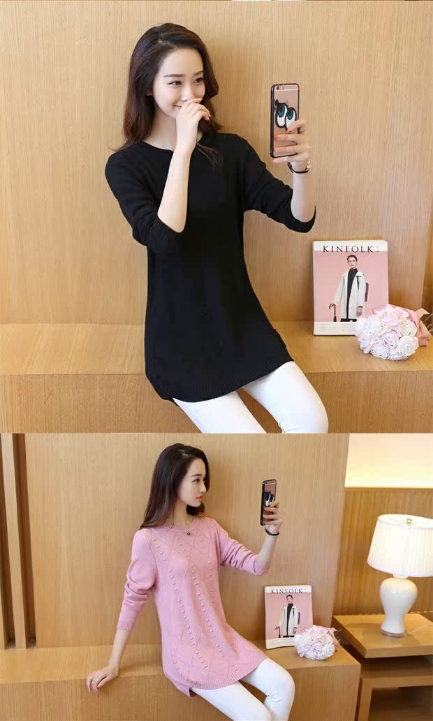 Mùa xuân mới Hàn Quốc áo len nữ bộ đầu trong đoạn dài hoang dã áo len cổ tròn áo sơ mi áo sơ mi mùa thu đông áo len nữ hàng hiệu